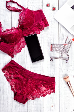 Woman's sexual red lingerie and necklace on white wooden background. Copy space for your text.  Women's lacy underwear pants and brassiere, phone. Top view, flat layの写真素材