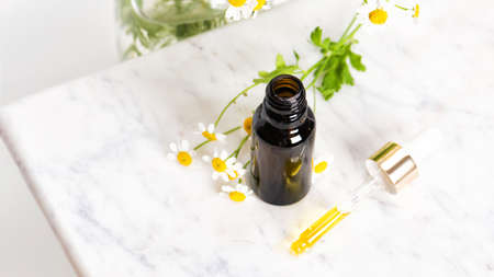 Glass brown bottle of essence or serum and with chamomile flowersの写真素材