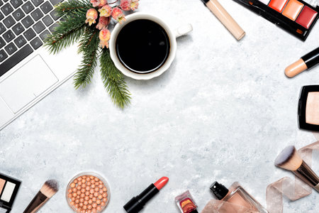 Decorative cosmetics and makeup tools on marble backgroundの写真素材