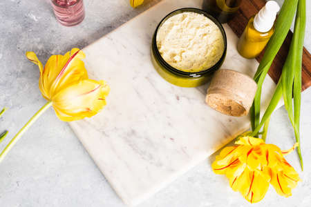 Podium for advertising cosmetics products with natural body scrub