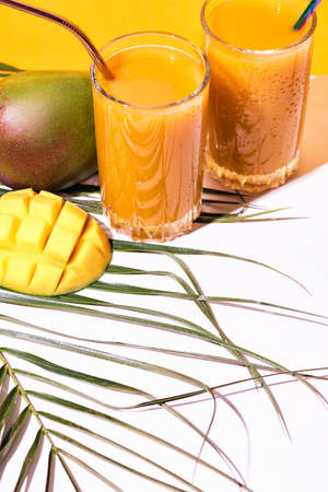 Glass of fresh mango juice cocktail and palm branchesの写真素材