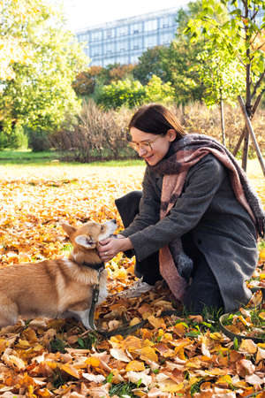 Woman in a grey coat walking with a dog in an autumn parkの写真素材