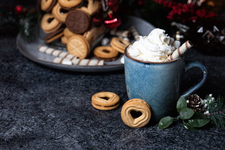 Rustic ceramic mug with a hot chocolate cocoa drink with whipped cream.の写真素材