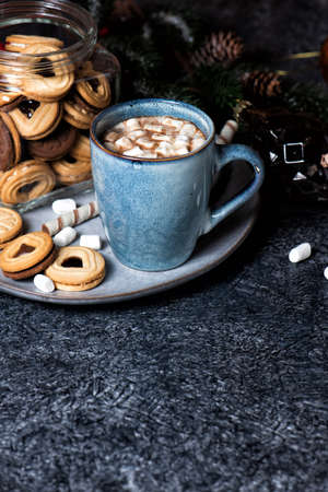 Rustic ceramic mug with a hot chocolate cocoa drink with marshmallows.の写真素材