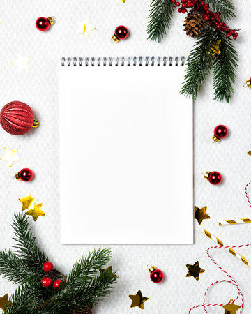 Christmas background with notebook paper, fir tree branches, and festive decor.の写真素材