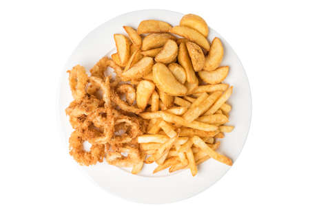 Plate of fried seafood and chips isolated on white backgroundの写真素材