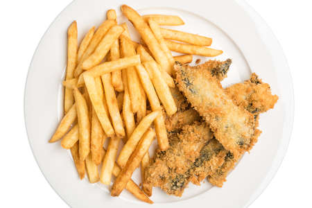 Fried fish and chips isolated on white backgroundの写真素材