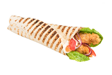 Shawarma doner roll with fried fish and vegetablesの写真素材