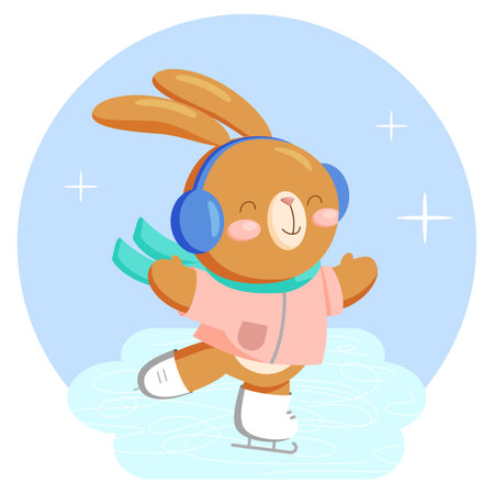 Cute bunny character ice skating vector illustration cartoon styleのイラスト素材