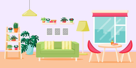 Home plants in the living room, colorful interior with indoor plants, sofa and dining roomのイラスト素材