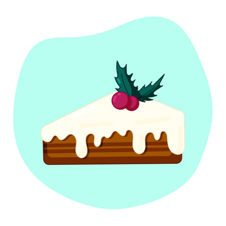 Piece of cake decorated for Christmas with holly branch. Flat cartoon vector illustration, isolated element.のイラスト素材