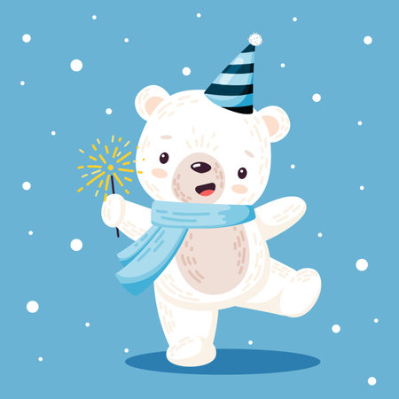 Cute polar bear character wearing scarf and festive cap with sparkler. Flat vector illustration.のイラスト素材