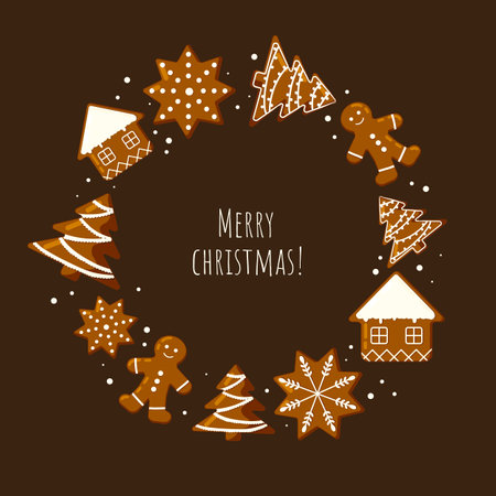 Christmas card with gingerbread ornament. Flat vector illustration.のイラスト素材