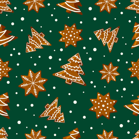Seamless christmas pattern with gingerbread cookies on green background. Flat vector illustration.のイラスト素材