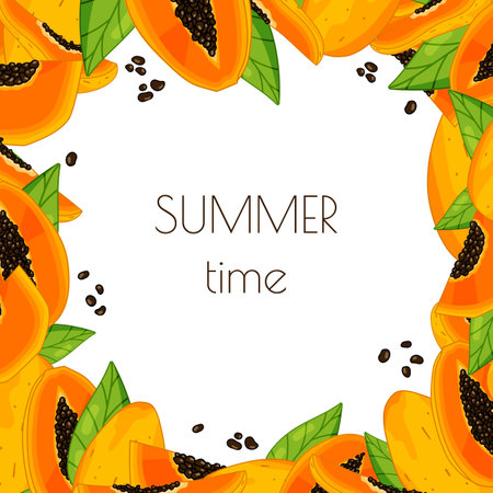 Papaya fruits and leaves frame for banner or invitation. Cartoon style flat vector illustrationのイラスト素材