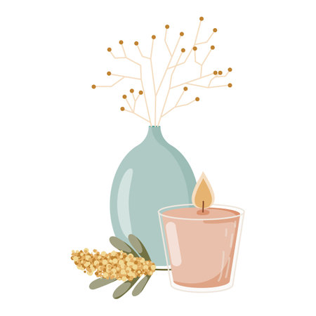 Vase and candle arrangement with branch of buckthorn. Flat vector illustration in pastel colorsのイラスト素材