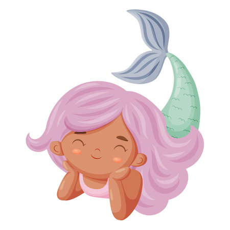 A charming vector illustration of a sweet, dreamy mermaid with long, pink hair. She has a delicate pink top and a mint green tail with a grey fin. Perfect for childrens designs and magical projects. Flat style illustration on white background.のイラスト素材