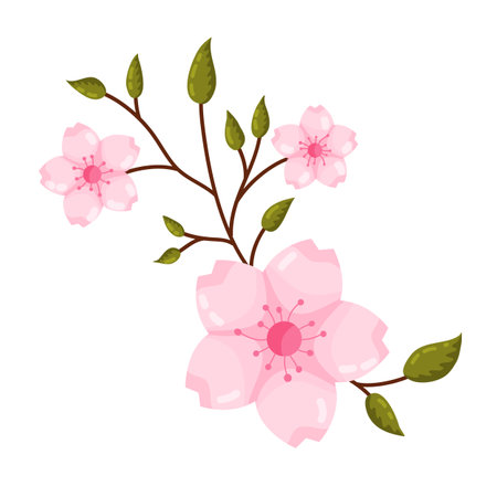 A charming illustration of delicate pink cherry blossoms or sakura flowers with a graceful brown branch fresh green leaves and unopened buds. This beautiful floral artwork captures spring essence. Ideal for cards invitations web graphics or decorative print projects.のイラスト素材