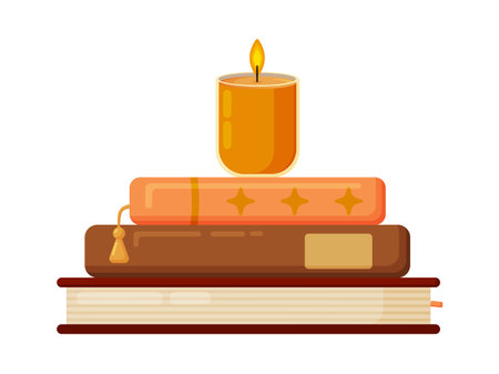 Flat vector illustration of a stack of books with a glowing candle on top. Ideal for cozy reading, knowledge, learning, evening relaxation, magic, or storytelling themes. Isolated on white background.のイラスト素材