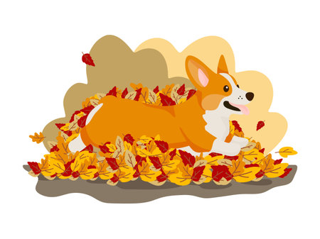 Vector illustration of a happy corgi dog playing in a pile of colorful autumn leaves. Cheerful scene capturing the joy of fall and pets, perfect for animal lovers, seasonal designs, and cozy autumn themes.のイラスト素材