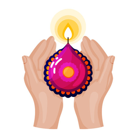 Illustration of Hands Holding a Lit Diya Lampのイラスト素材