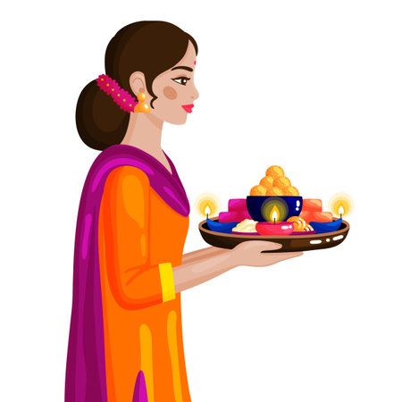 Indian Woman Holding Diwali Festive Tray Illustrationのイラスト素材