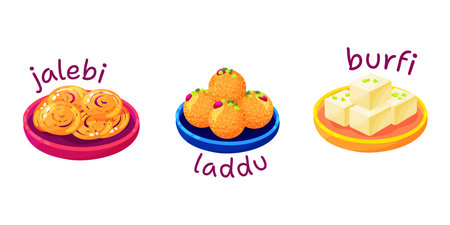 Set of Indian Sweets Jalebi, Laddu and Burfi Illustrationのイラスト素材
