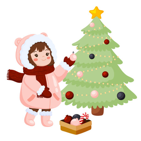 Little Girl Decorating Christmas Treeのイラスト素材