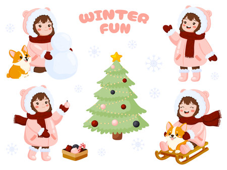 Cute Little Girl and Corgi Winter Fun Setのイラスト素材