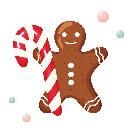 Gingerbread Man with Candy Cane and Gumdropsのイラスト素材