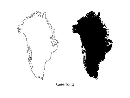 Isolated linear outline and black silhouette map of Greenland on white background. Highly detailed map of Greenland with country name. Vector.のイラスト素材