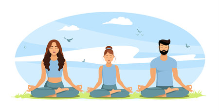 A family meditating together in nature. Parents and child doing yoga exercises in the fresh air. A family spending time together. Healthy lifestyle. Vector illustration on white background.のイラスト素材
