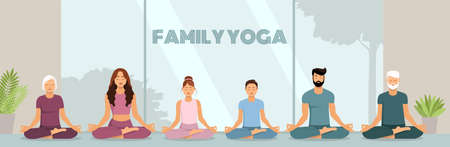 The concept of family yoga. Mother, father, son, daughter, grandmother, grandfather do yoga indoors. The family meditates in the lotus pose. Healthy Lifestyle. Stock vector illustration in flat style.のイラスト素材