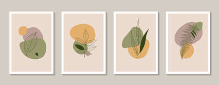 Set of 4 Scandinavian Boho style wall arts. Modern abstract paintings with leaves in a natural color palette. Plant designs for wall decor, postcards, covers. Stock vector illustration.のイラスト素材