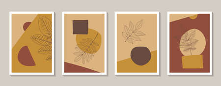 Set of 4 abstract illustrations in boho style for wall decoration. Art design with hand drawn plant elements and abstract shapes. Minimalism in warm earth tones. Stock vector illustration.のイラスト素材
