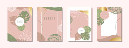 A luxury set of modern, elegant banners. Tropical leaves with gold elements on a pink background. Botanical design for cosmetics, perfumery, spa, travel agency, invitation. Stock vector illustration.のイラスト素材