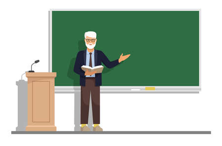A college or university professor explains a topic in a lecture and points to the blackboard.のイラスト素材