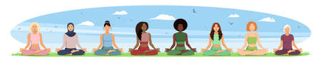 Eight women of different ethnicities, cultures, ages and bodies meditate together in the lotus position. Women of different ethnic backgrounds sporting in nature. Vector illustration in flat styleのイラスト素材