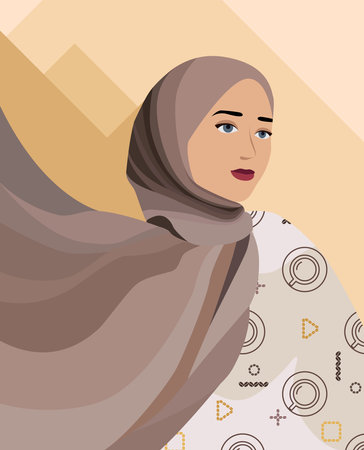 Young Muslim girl in hijab. Modern portrait of an Arab woman dressed in on-trend Memphis elements. Banner for International Womens Day, social media template. Stock vector illustration in flat style.のイラスト素材