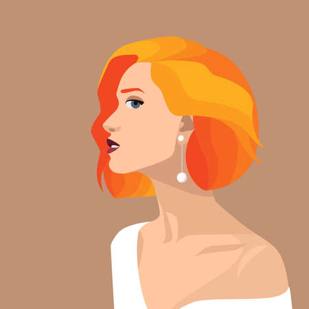 Portrait of a beautiful young girl with bright orange hair. Red-haired romantic woman in a white dress and with a pearl earring. Avatar for social media. Stock vector illustration in flat style.のイラスト素材