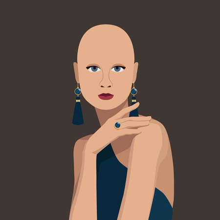 An elegant bald girl is a model. Alopecia and self-acceptance. Portrait of a beautiful young woman with no hair and no eyebrows. Stock vector illustration in flat style.のイラスト素材