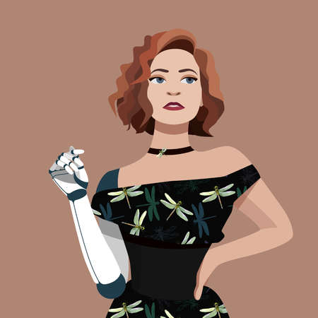 Beautiful girl with prosthetic arm. The concept of self-acceptance, body positivity, equal opportunities. Cyborg model. Disabled woman working as a fashion model. Vector illustration in flat style.のイラスト素材