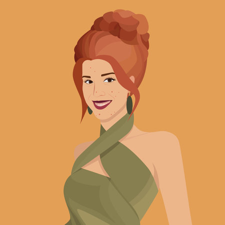 Young smiling girl with acne on her face. Concept of self-acceptance, self-love, natural beauty, body-positive. Beautiful model with skin imperfections. Stock vector illustration.のイラスト素材