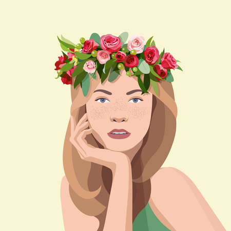 Portrait of a girl with freckles and a flower wreath on her head. Young woman with flowers in her hair. Template for spring banner, postcard, poster, invitation. Happy Womens Day.Vector illustration.のイラスト素材