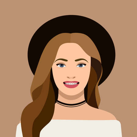 Portrait of a girl with braces on her teeth. Cute girl in a hat smiling broadly and unashamedly showing her braces. Concept of self acceptance, concept of dental care. Flat style vector illustration.のイラスト素材