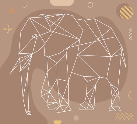 Modern abstract cover with polygonal elephant. Futuristic animal design on background with Memphis elements. Template for poster, cover, for printing on clothes. Stock vector illustration.のイラスト素材