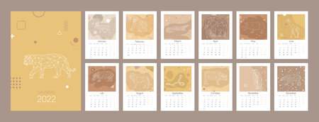 Template calendar 2022. Geometric design of the calendar with polygonal animals and design elements Memphis. Set of 12 months 2022. Corporate and business calendar template. Stoke vector illustration.のイラスト素材