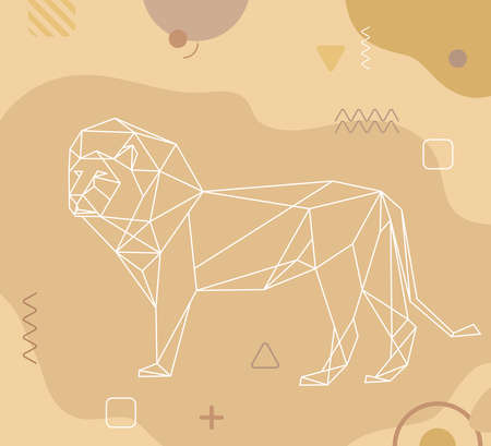 Abstract lion in low polygonal style on background with Memphis elements. African animal composed of triangles. Template for poster, cover, postcard, print on clothes, bag. Stock vector illustration.のイラスト素材