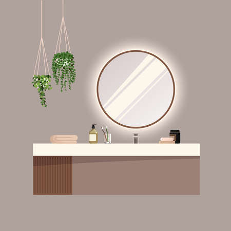 Modern cozy bathroom interior. Stylish bathroom with illuminated round mirror, cosmetics, toothbrushes, towel, houseplants, white porcelain sink and wooden wall cabinet. Stock vector illustration.のイラスト素材
