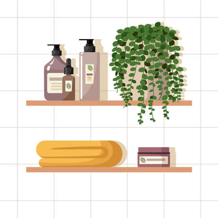 Shelves with natural organic cosmetics, houseplant, towel. Set of cosmetic products in bottles, jars, tubes for skin care. Stock vector illustration in flat style isolated on white background.のイラスト素材